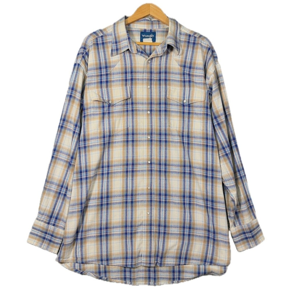Wrangler Western Shirt Mens Pearl Snap Plaid Large Blue Tan Cotton Blend Vintage